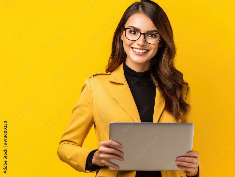 Happy woman in yellow holding a tablet and smiling Happy woman in yellow holding a tablet and smiling