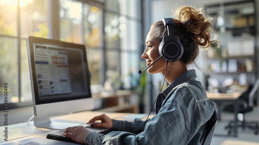 Young woman wearing a headset while working on a computer in a bright, modern office space during the day Young woman wearing a headset while working on a computer in a bright, modern office space during the day