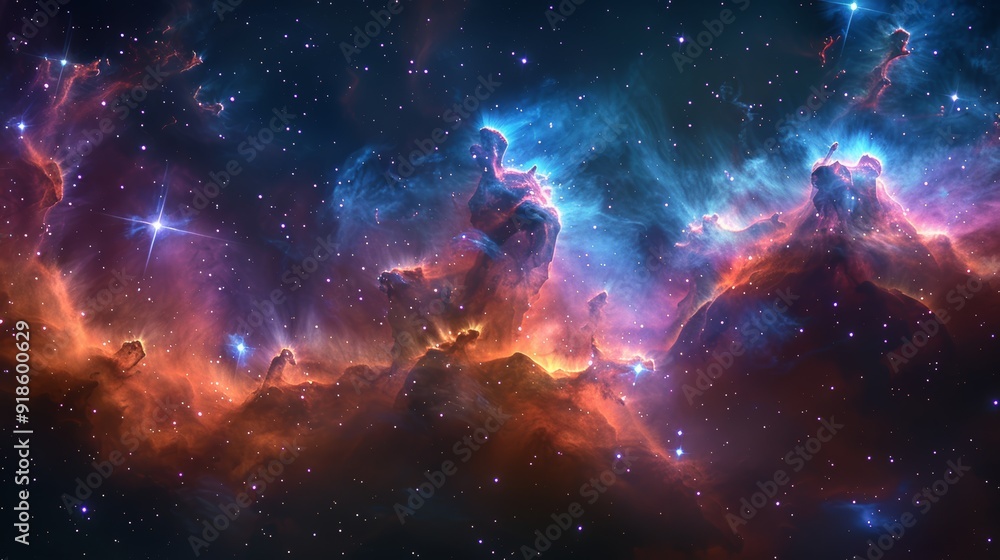 Naklejka premium Colorful nebula in deep space with stars and cosmic formations captured by a space telescope