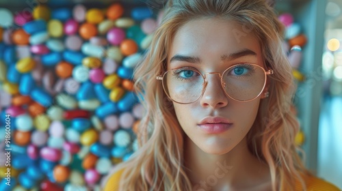 Young woman with glasses poses against a colorful background of bright, multicolored objects in an urban setting