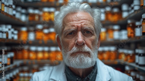 Elderly pharmacist in a dimly lit pharmacy surrounded by shelves of prescription bottles