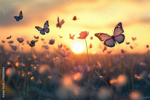 Wallpaper Mural Butterflies in Sunset Field. Torontodigital.ca