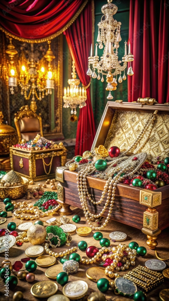 A lavish table adorned with dazzling jewels, gold coins, and opulent decorations, capturing the essence of a royal treasure display in an elegant setting. Generative AI A lavish table adorned with dazzling jewels, gold coins, and opulent decorations, capturing the essence of a royal treasure display in an elegant setting. Generative AI