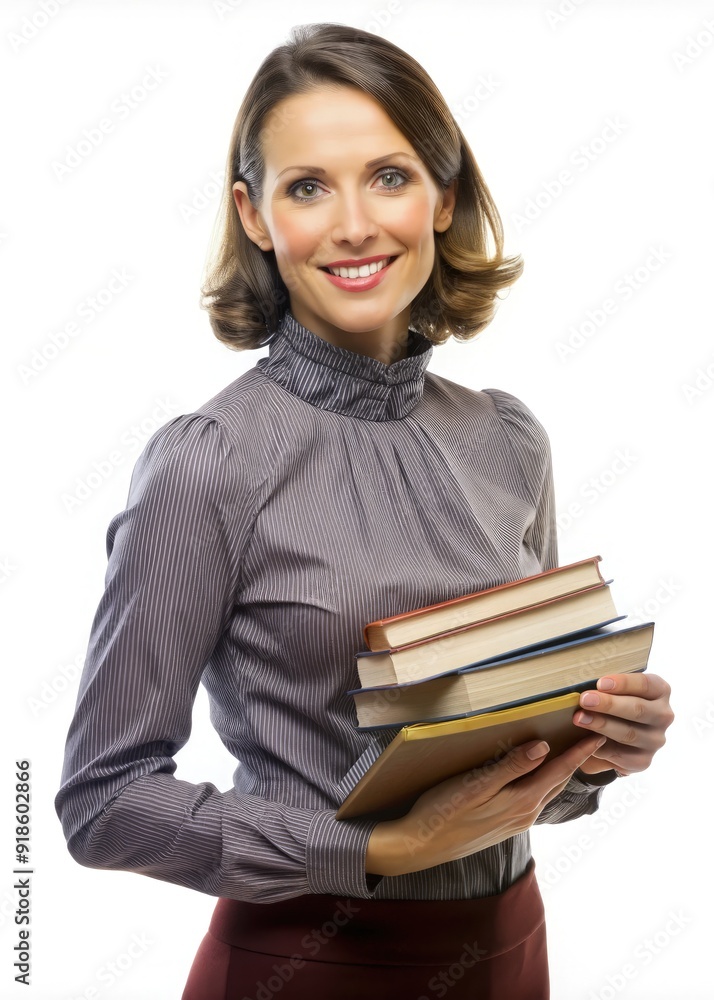 A smiling teacher holding a stack of books in a well-lit classroom while preparing for a lesson on a bright afternoon. Generative AI A smiling teacher holding a stack of books in a well-lit classroom while preparing for a lesson on a bright afternoon. Generative AI