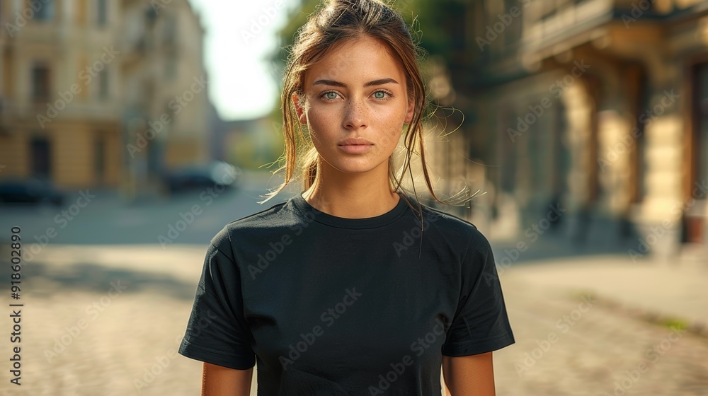Young woman standing on a cobblestone street during golden hour in an urban setting Young woman standing on a cobblestone street during golden hour in an urban setting