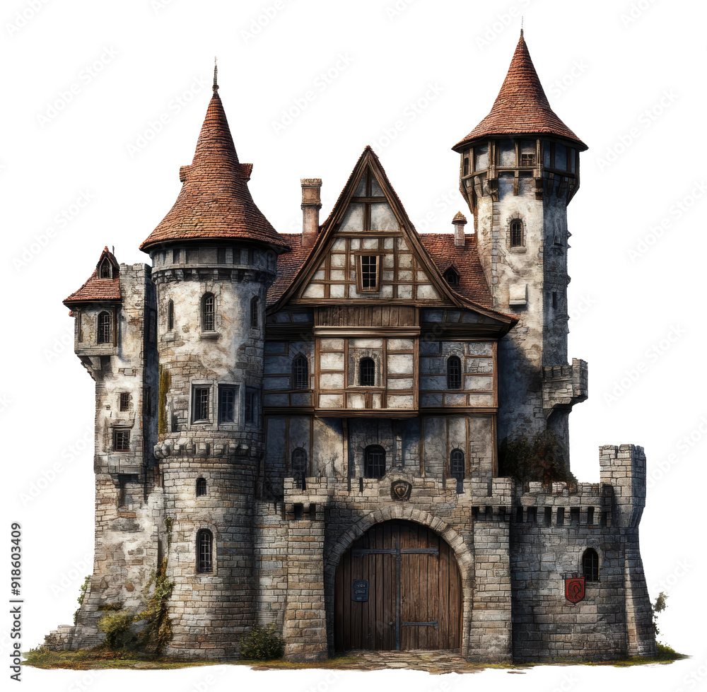 Historic stone castle with towers and wooden gate, cut out - stock png. Historic stone castle with towers and wooden gate, cut out - stock png.