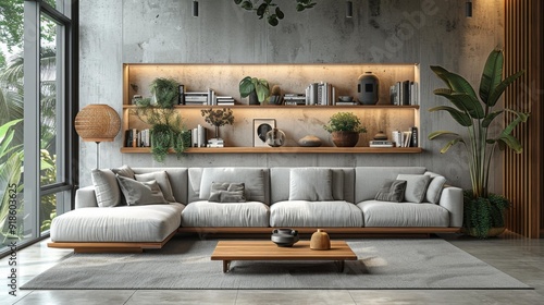 Modern living room interior with cozy sofa - generative ai