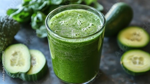 A glass of green juice is on a table with cucumber slices