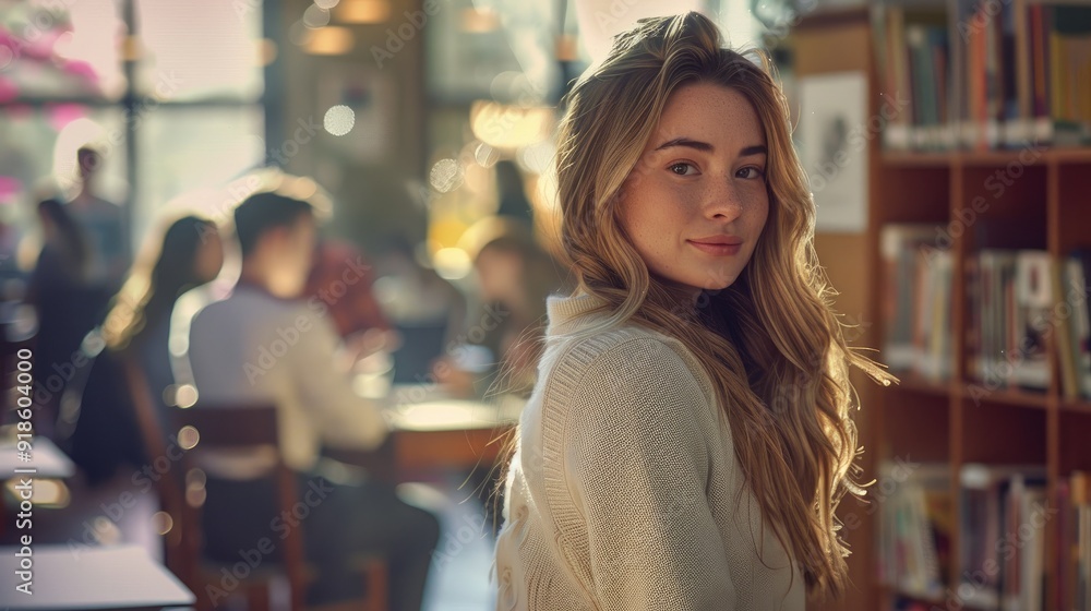 A young woman with long blonde hair and wearing an elegant sweater is studying at a table surrounded by other students A young woman with long blonde hair and wearing an elegant sweater is studying at a table surrounded by other students