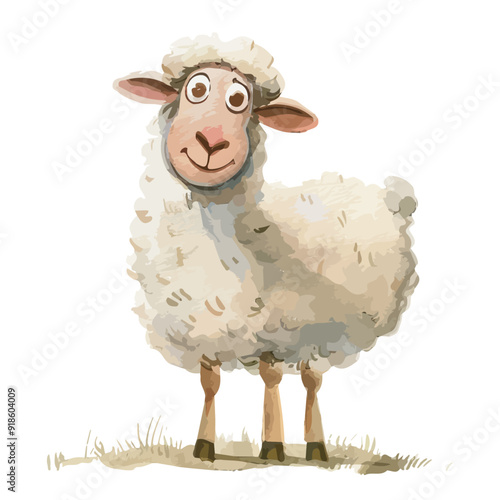 vector illustration of a cartoon ewe animation, painted with watercolor, isolated on a white background.