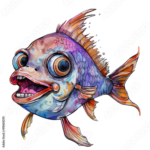 Watercolor vector of a cartoon smiling fish animation, isolated on a white background. photo