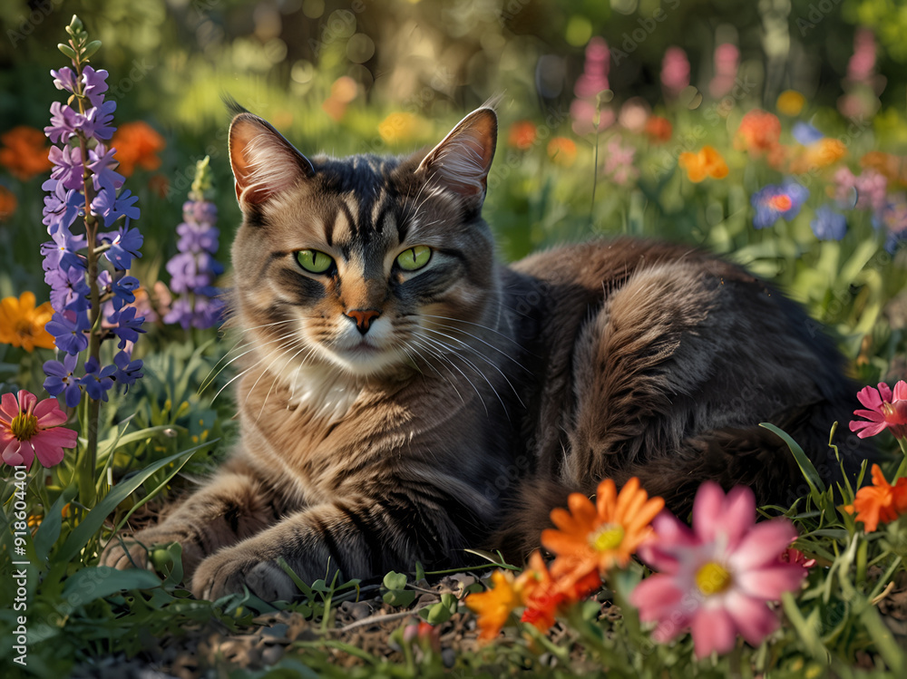 Fototapeta premium Realistic smoky cat lounging among vibrant spring flowers in sunlit clearing.