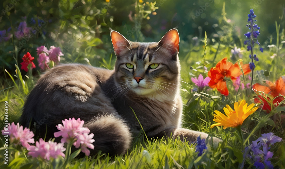Realistic smoky cat lounging among vibrant spring flowers in sunlit clearing. Realistic smoky cat lounging among vibrant spring flowers in sunlit clearing.