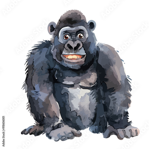 vector illustration of a cartoon gorilla animation, painted with watercolor, isolated on a white background. photo