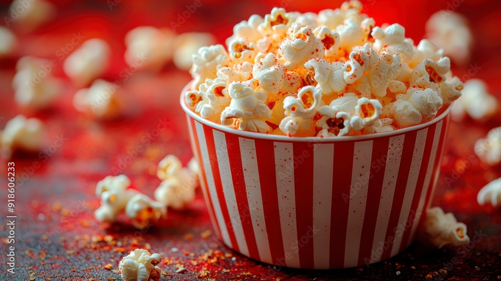 A striped bucket of popcorn and movie paraphernalia on a bright red background create the atmosphere of a movie night. A striped bucket of popcorn and movie paraphernalia on a bright red background create the atmosphere of a movie night.