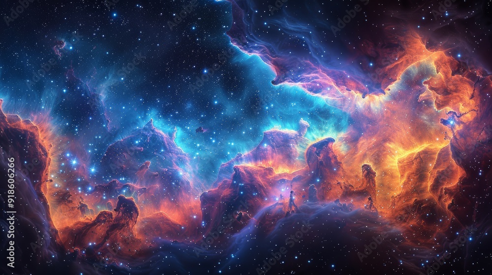 Colorful cosmic nebula with bright stars and swirling gases in deep space at night Colorful cosmic nebula with bright stars and swirling gases in deep space at night