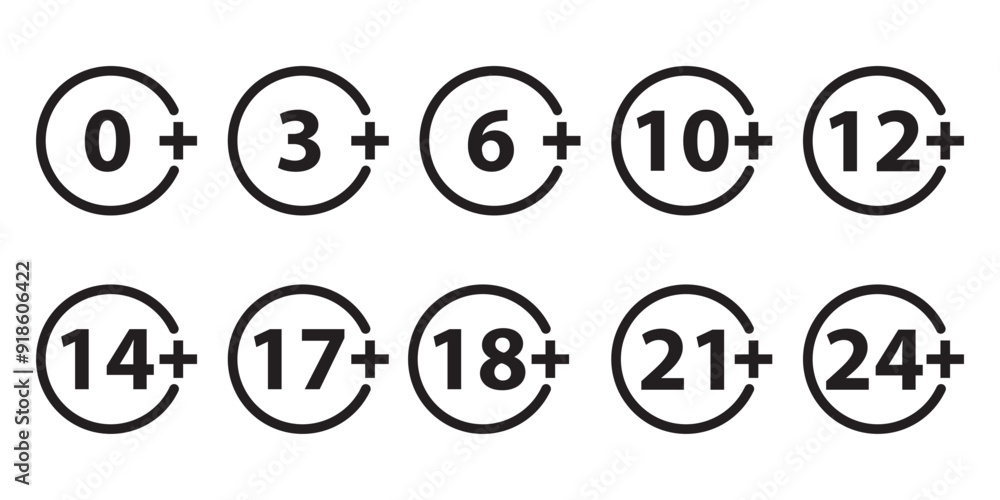 Age limit sign set. Adults content only age restriction. 0, 3, 6, 10, 12, 14, 17, 18, 21, 24 plus years old icon, Censure warning age plus. Vector illustration. Age limit sign set. Adults content only age restriction. 0, 3, 6, 10, 12, 14, 17, 18, 21, 24 plus years old icon, Censure warning age plus. Vector illustration.