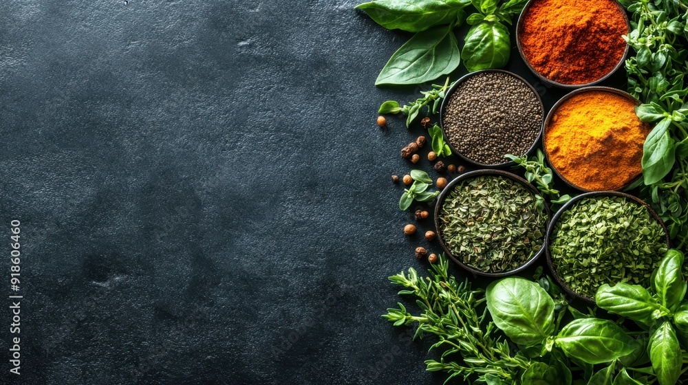 A black background with a variety of spices and herbs in bowls A black background with a variety of spices and herbs in bowls