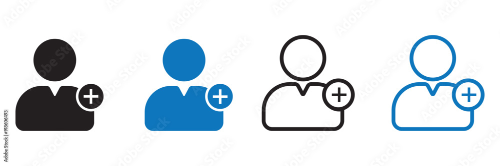 Add new user icon set. Person profile avatar with plus. Add user profile icon. Follower pictogram. member or client vector symbol. Add new user icon set. Person profile avatar with plus. Add user profile icon. Follower pictogram. member or client vector symbol.