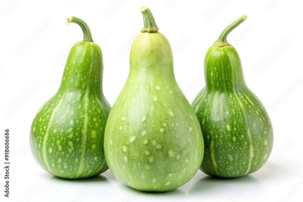 Three bottle gourds isolated on a white background showcasing their unique shapes and vibrant green color suitable for culinary uses. Generative AI Three bottle gourds isolated on a white background showcasing their unique shapes and vibrant green color suitable for culinary uses. Generative AI