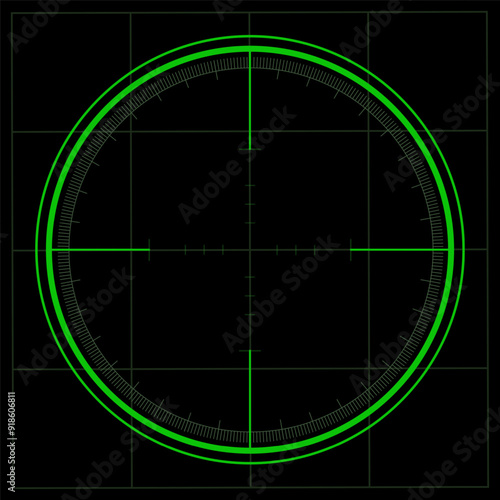 Weapon night sight, sniper rifle optical scope. Hunting gun viewfinder with crosshair. Aim, shooting mark symbol. Military target sign. Game UI element. Vector illustration