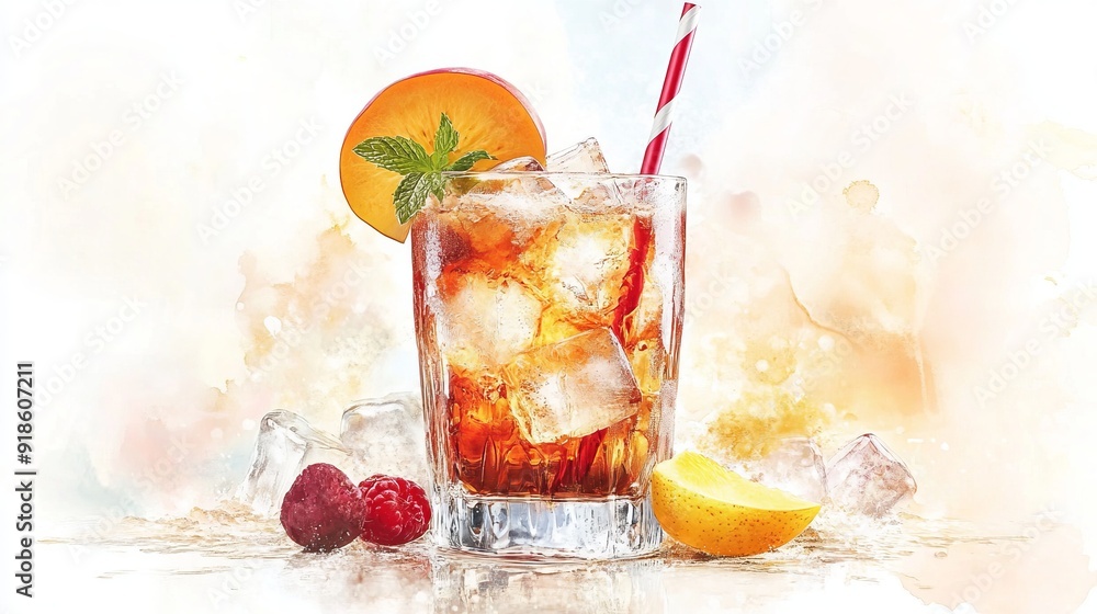 Fototapeta premium Refreshing Cocktail with Fruit Garnish - Delicious Drink Recipe