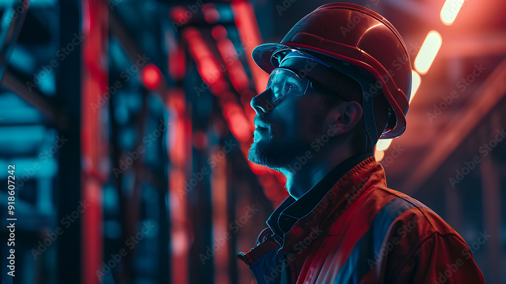 Worker in helmet against illuminated red backdrop Worker in helmet against illuminated red backdrop