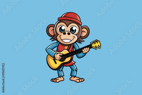 Monkey Playing Guitar Caricature Vector Illustration - Logo Icons, Line Art SVG Design, Cricut & Silhouette Cut Files, Vector Clipart, T-Shirt Graphics, Graphic Elements