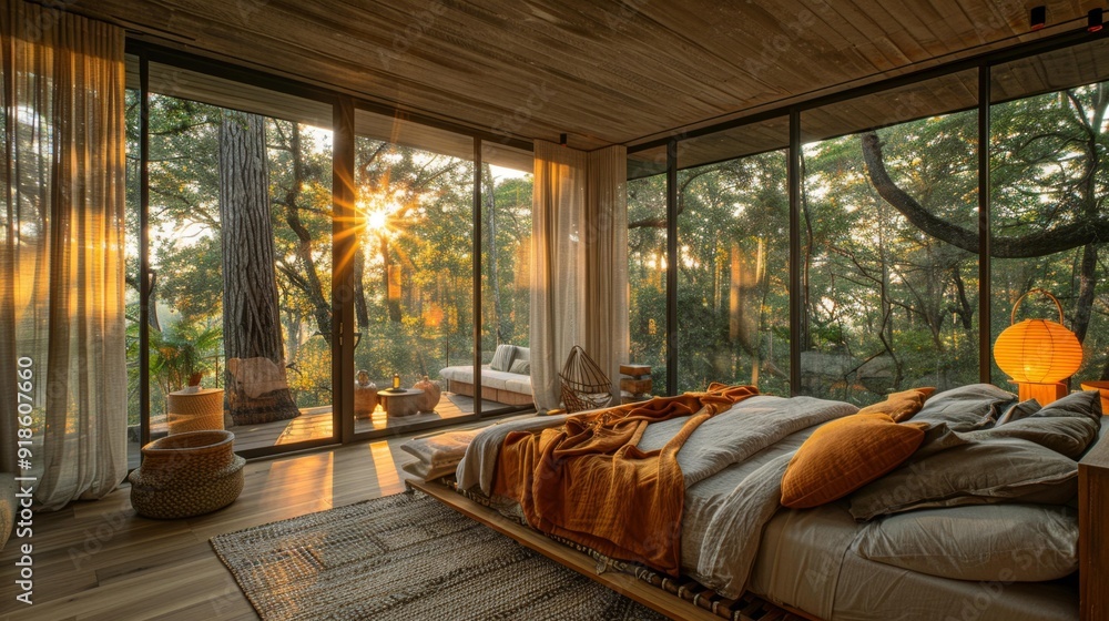 Sunlit forest bedroom retreat - generative ai Sunlit forest bedroom retreat - generative ai