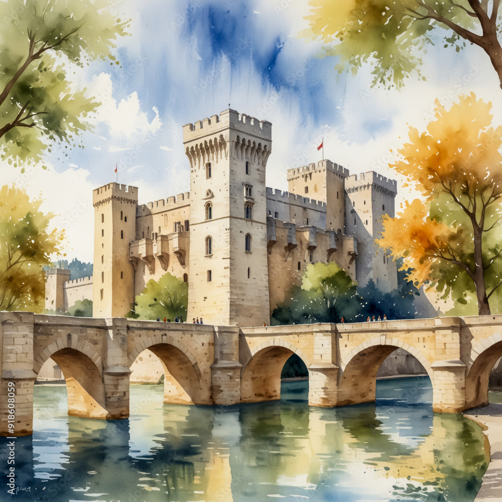 Watercolor illustration of the Palais des Papes in Avignon. Capture the imposing medieval architecture of this historic papal residence, Watercolor illustration of the Palais des Papes in Avignon. Capture the imposing medieval architecture of this historic papal residence,