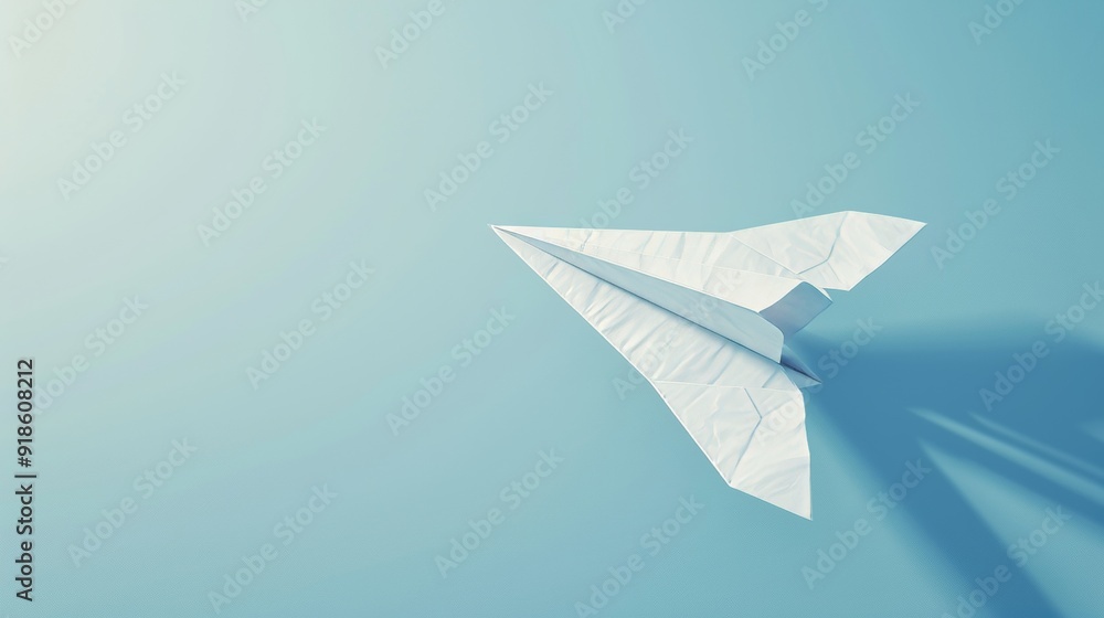 Unleashing Imagination 3D White Paper Airplane Soaring in Blue Sky Minimalist and Inspiring Stock Image for Creativity and Freedom