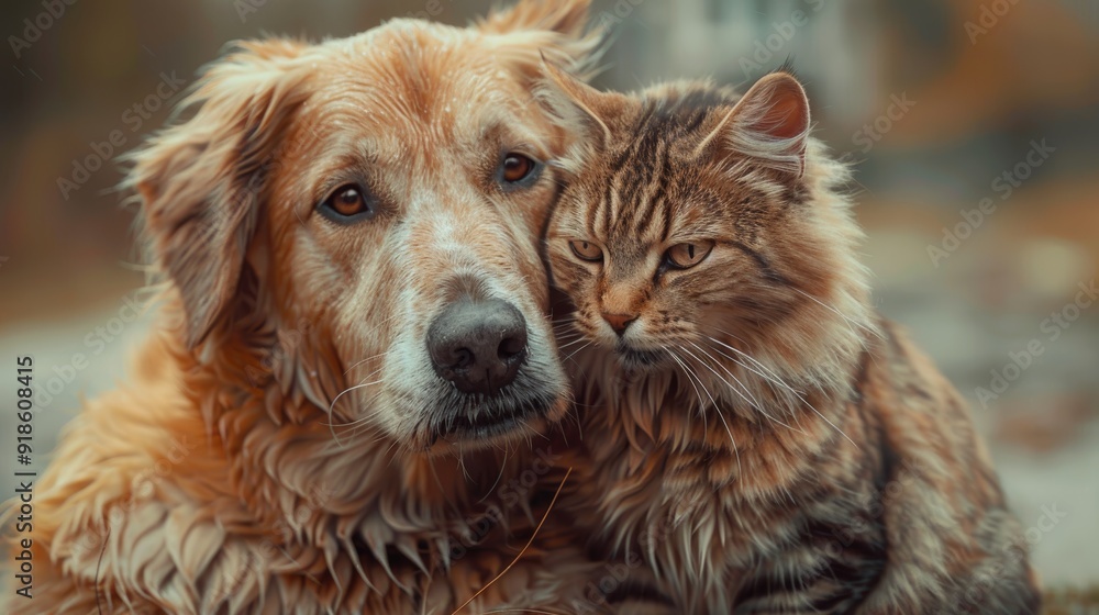 Obraz premium Golden retriever and tabby cat cozying up together in a serene outdoor setting during autumn