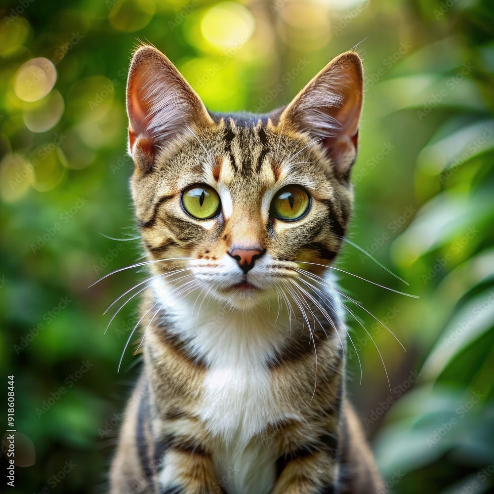 A captivating portrait of a curious tabby cat with striking green eyes, surrounded by lush greenery in a serene outdoor garden during the golden hour. Generative AI A captivating portrait of a curious tabby cat with striking green eyes, surrounded by lush greenery in a serene outdoor garden during the golden hour. Generative AI