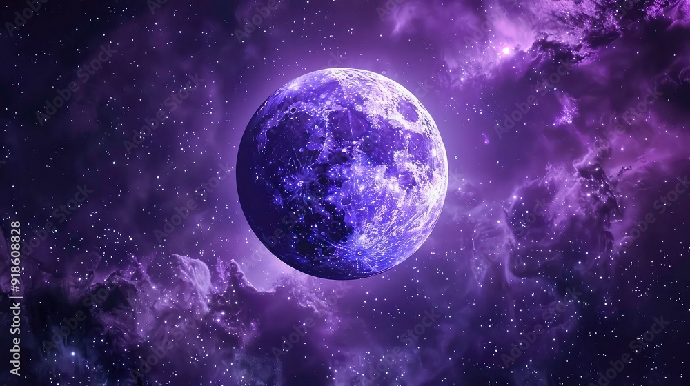 A purple and white planet sits in the middle of a swirling purple galaxy with many stars. A purple and white planet sits in the middle of a swirling purple galaxy with many stars.