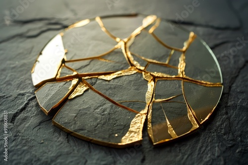 broken mirror with gold leaf on it, Formulate broken mirror, mended with gold (Kintsugi style) to symbolize embracing and healing from brokenness in mental health photo