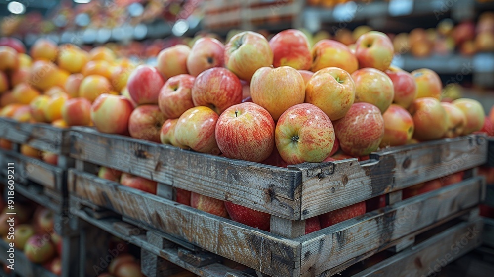 Fresh apples in wooden crates - generative ai Fresh apples in wooden crates - generative ai