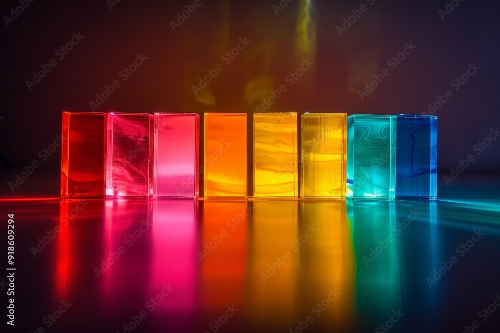 group of colored cubes sitting on top of table, Glowing color gels illuminating dark background group of colored cubes sitting on top of table, Glowing color gels illuminating dark background