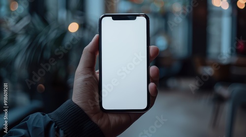 A hand holding a smartphone with a blank screen in a modern cafe during evening hours