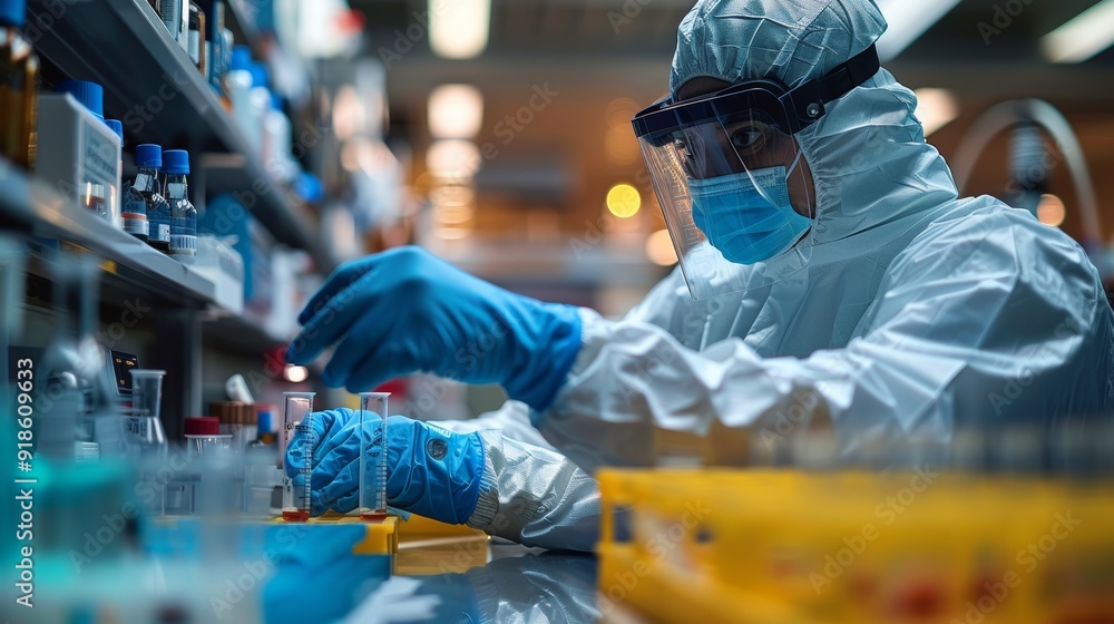 Researcher wearing protective gear conducts experiments in a laboratory filled with various scientific equipment and materials Researcher wearing protective gear conducts experiments in a laboratory filled with various scientific equipment and materials
