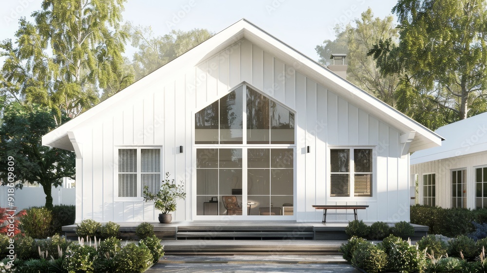 Inviting Modern White House with Gable Roof and Spacious Front Porch Bright Welcoming Home Exterior with Large Windows and Lush Greenery Ideal for Real Estate Architecture and Home Design Concepts Inviting Modern White House with Gable Roof and Spacious Front Porch Bright Welcoming Home Exterior with Large Windows and Lush Greenery Ideal for Real Estate Architecture and Home Design Concepts