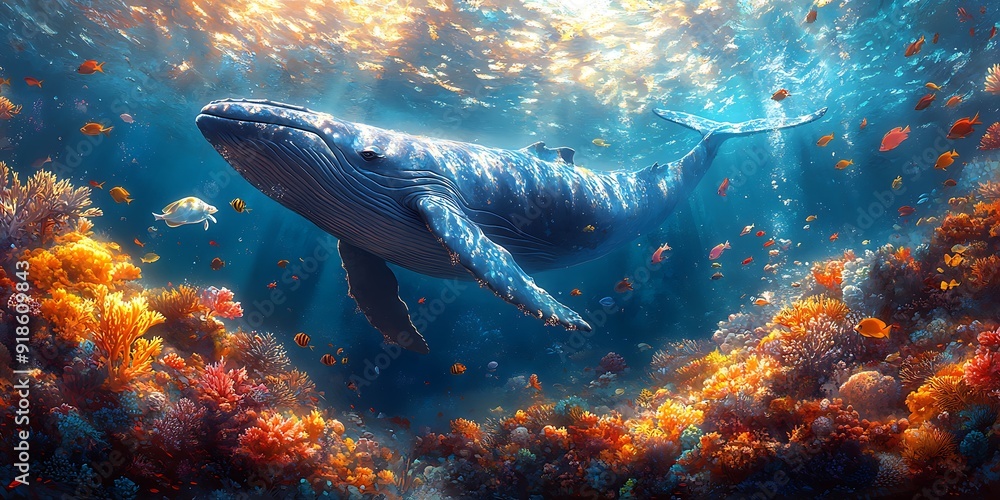 Fototapeta premium A blue whale glides through a vibrant coral reef teeming with marine life.