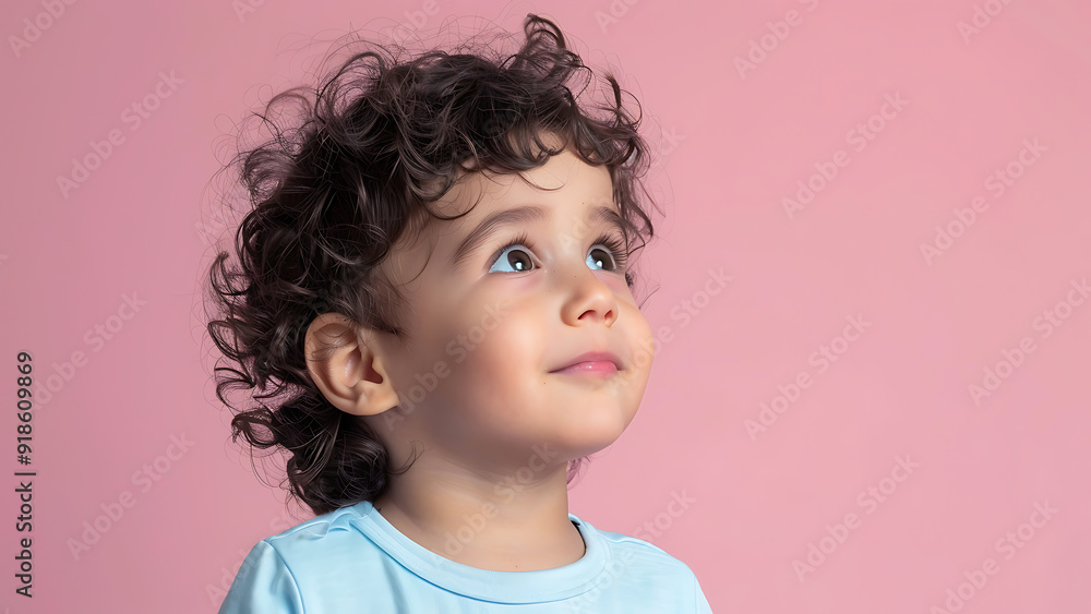 Little Boy Looking Up in Wonder Against Pink Little Boy Looking Up in Wonder Against Pink