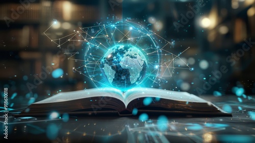 Global Connections Futuristic Holographic Globe on HighTech Surface with Digital Nodes and Lines Symbolizing Knowledge and Connectivity in the Modern Age