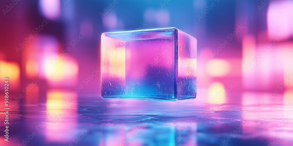 Colorful holographic cube levitating with soft light effects, ideal for modern design projects and tech visuals Colorful holographic cube levitating with soft light effects, ideal for modern design projects and tech visuals