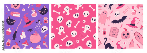 Set of Halloween seamless pattern with sweets, ghost, bones, skull, witch hat, black cat and pumpkin. Vector illustration