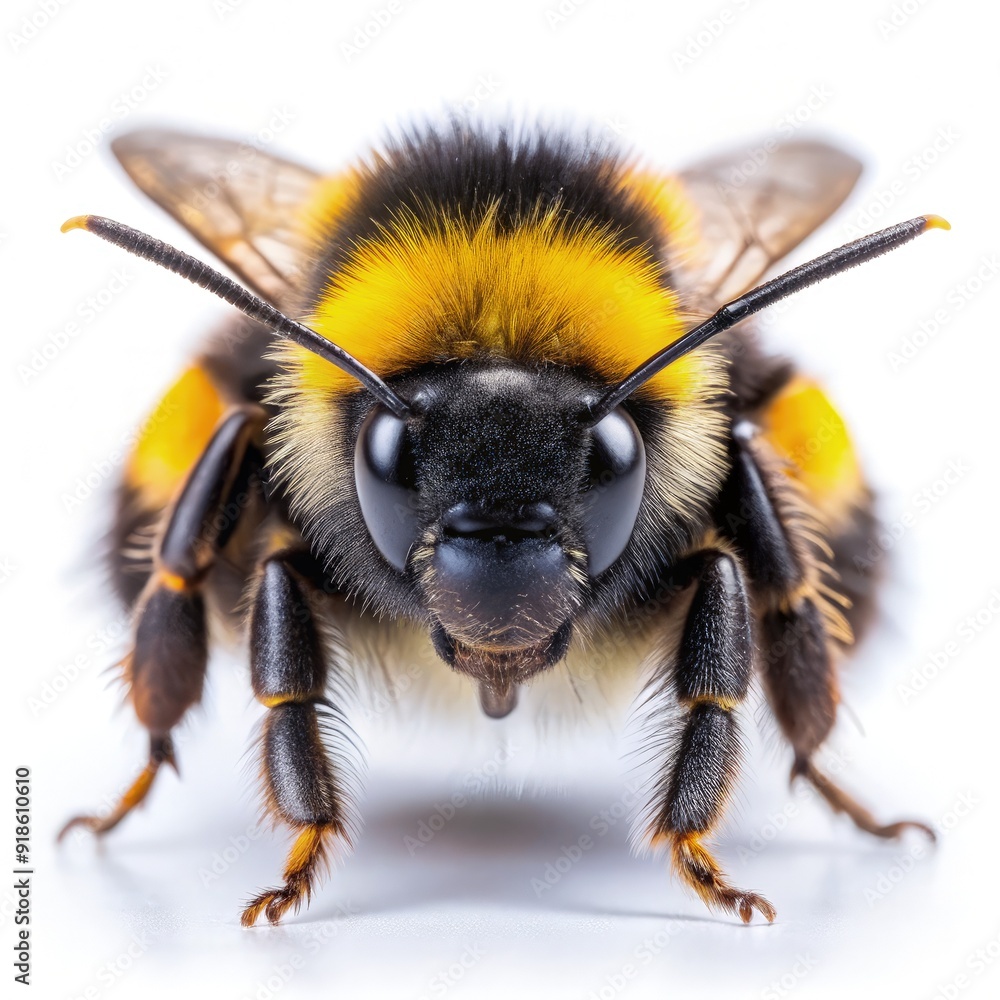 A detailed closeup of a bumblebee resting on a white background, highlighting its vibrant yellow and black markings, captured in a tranquil moment. Generative AI A detailed closeup of a bumblebee resting on a white background, highlighting its vibrant yellow and black markings, captured in a tranquil moment. Generative AI
