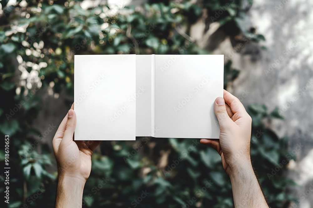 Hand holding blank white flyer brochure booklet in hand Hand holding blank white flyer brochure booklet in hand