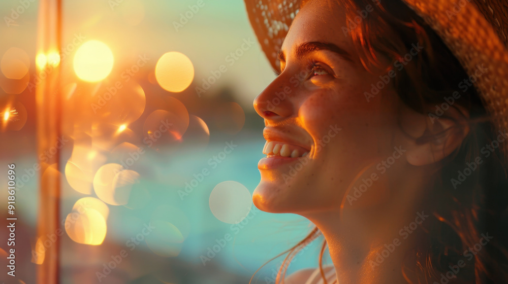 A joyful woman reflecting on happy memories, her face glowing with happiness A joyful woman reflecting on happy memories, her face glowing with happiness