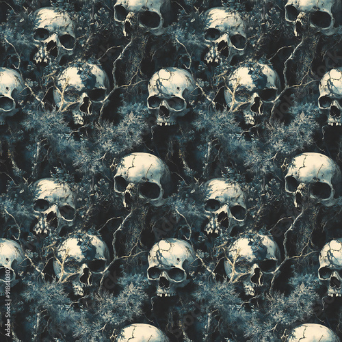 Dark Skulls Connected by Creepy Twisting Vines in a Spooky Illustration. Seamless Repeatable Background.