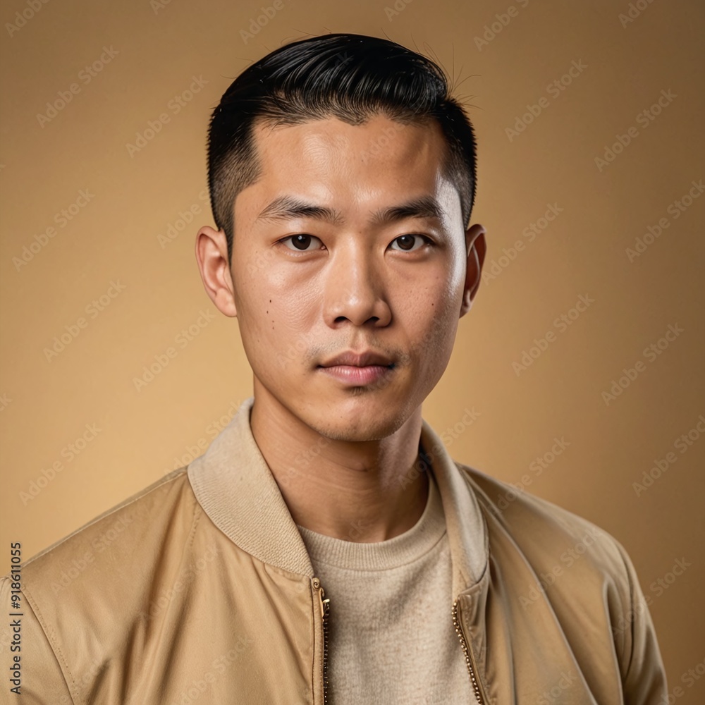 Fototapeta premium Stylish Asian Man in Beige Jacket Professional Closeup Portrait